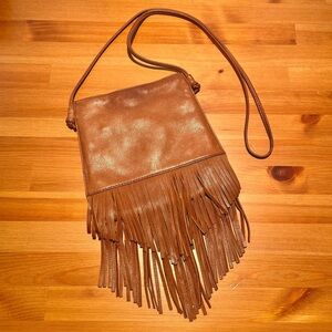 HOBO Leather Crossbody Fringe Square Purse Bag Brown Tan Snap Top Pockets Neutra